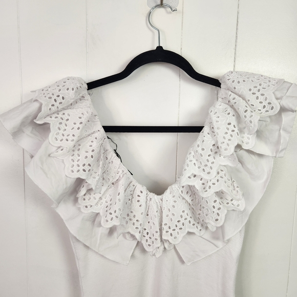 Zara White Eyelet Lace Ruffle Ribbed Mini Dress New Bodycon Size Medium Coquette - Picture 13 of 15